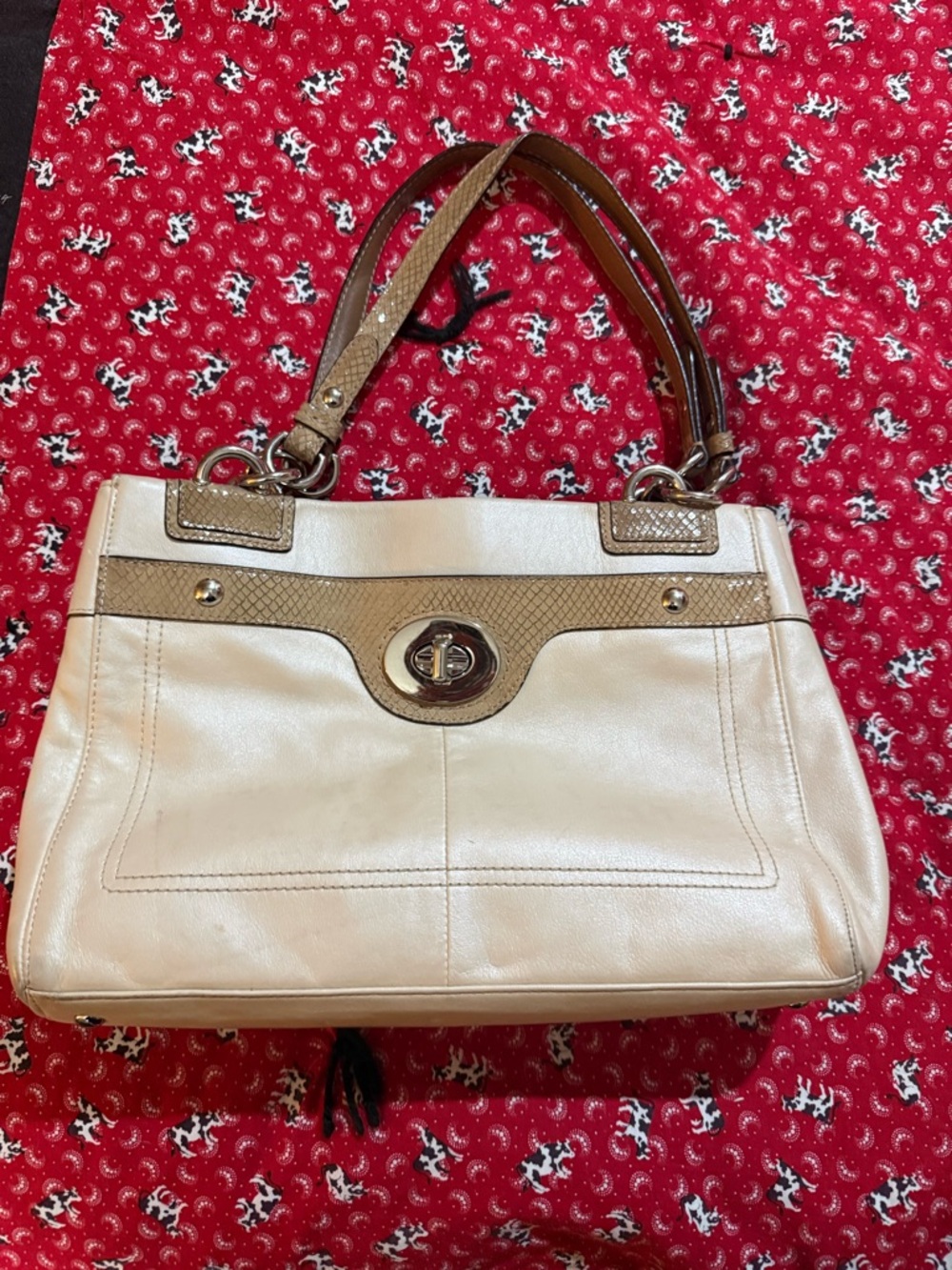 Coach Penelope Cream Leather Tote with Tan Trim and Turn-Lock